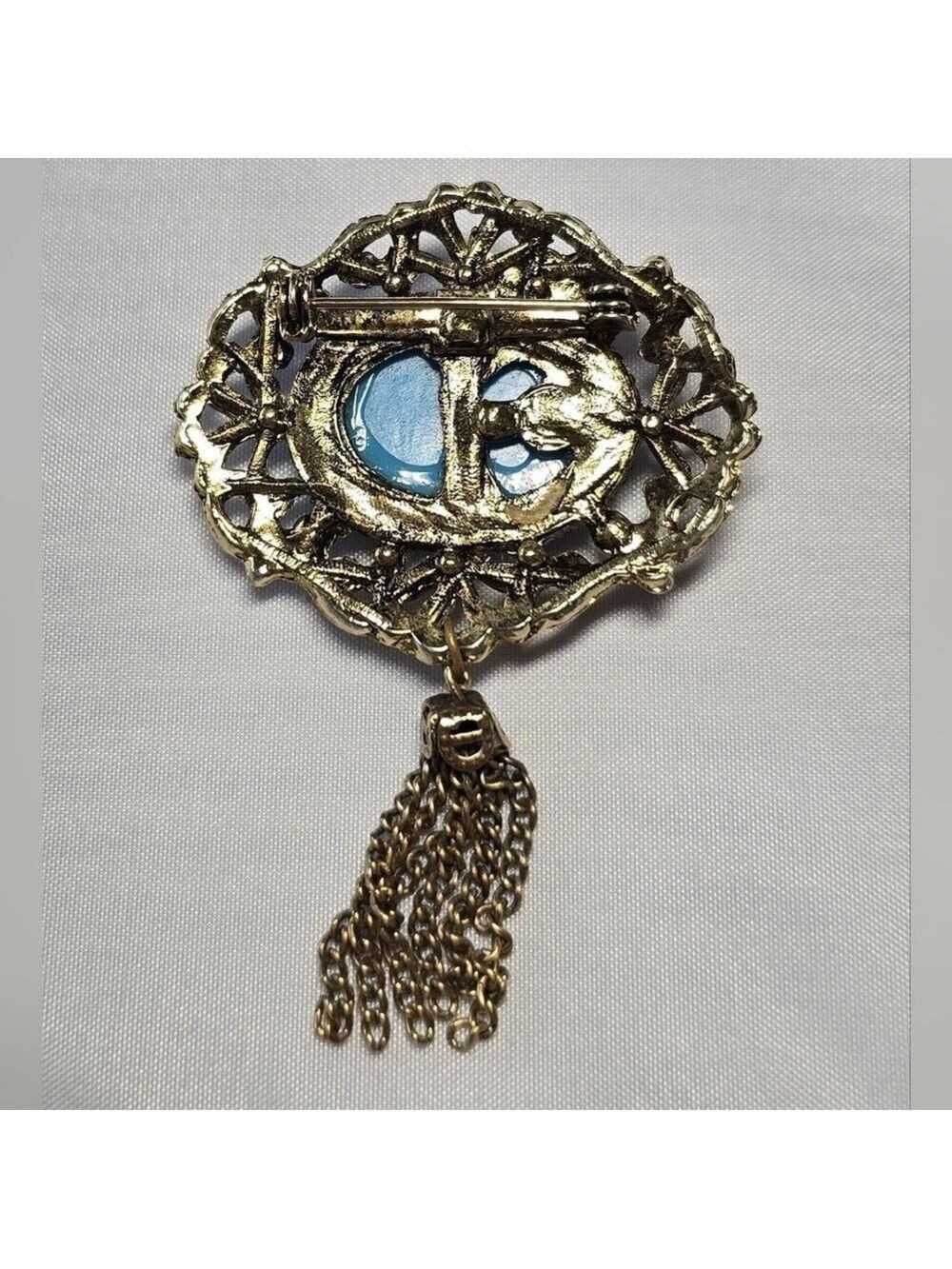 Vintage Gold and Blue Brooch with Tassel - Picture 3 of 3